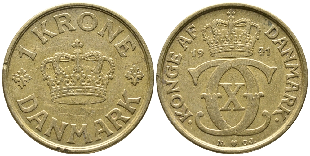 ДАНИЯ 1 КРОНА 1941 N; GJ, КРИСТИАН X (1912-1947) KM 824.2 алюминиевая бронза 32-313