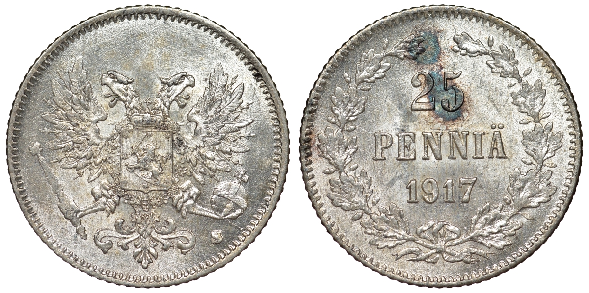 Россия для Финляндии 25 пенни 1917 S, временное правительство, без короны KM 19, Биткин 2 серебро аUNC 71-162