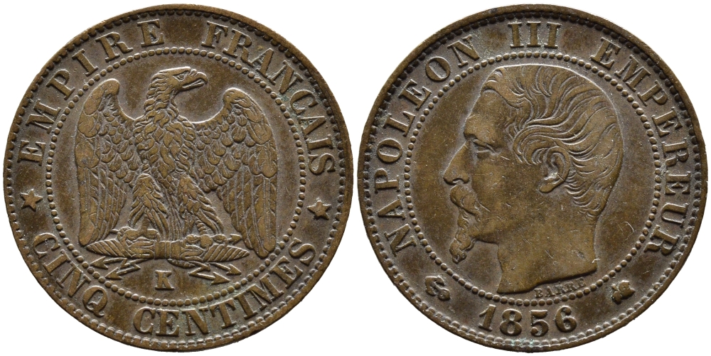 ФРАНЦИЯ 5 САНТИМОВ 1856 K, НАПОЛЕОН III (1852-1870) KM 777.5, LA FRANC 116.34 бронза 4393-1235