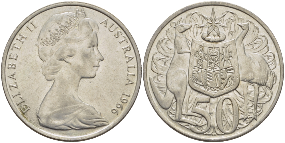 Австралия 50 центов 1966 Елизавета II (1952-2022), герб Австралии, кенгуру KM 67 серебро 82-825