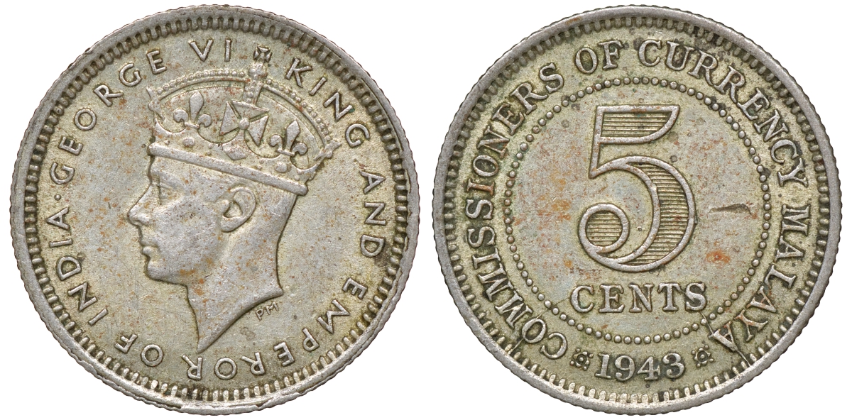 Британская Малайя 5 центов 1943 Георг VI (1937-1952) KM 3a серебро 53-128