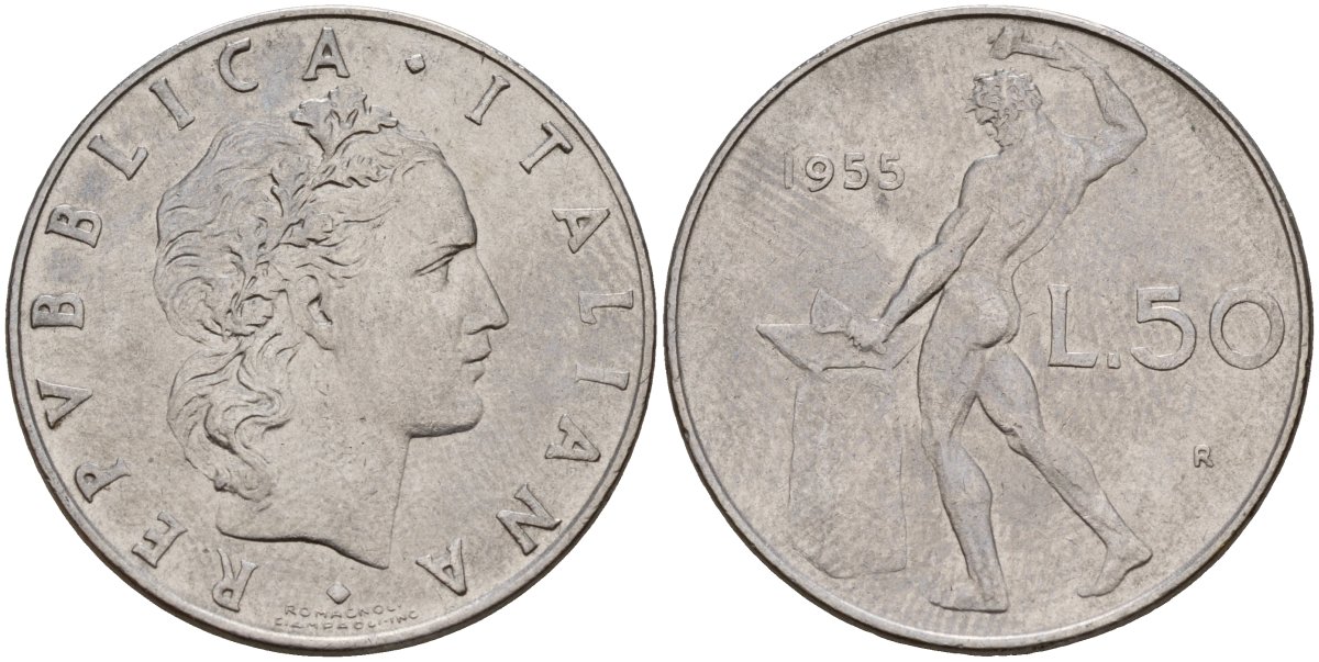 Италия 50 лир 1955 R, бог Вулкан у наковальни KM 95.1 нержавеющая сталь 4150-1233
