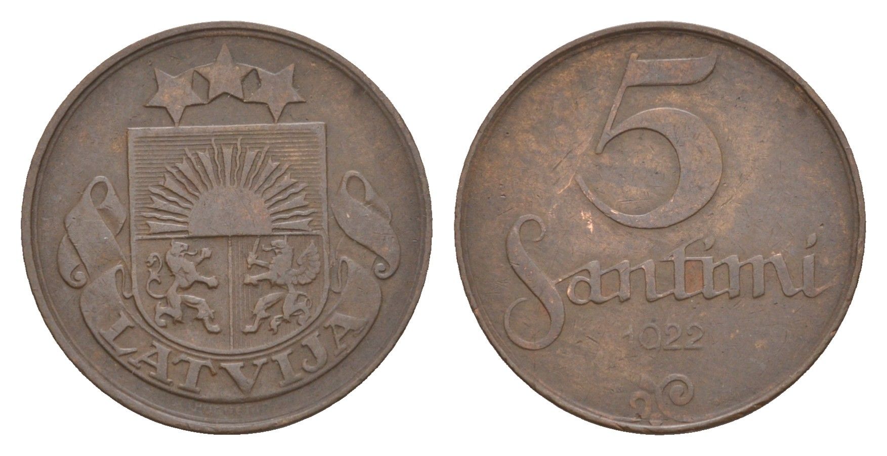 Латвия 5 сантимов 1922 KM 3 бронза 4658-1168