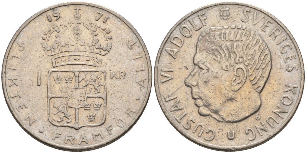 Швеция 1 крона 1971 U, Густав VI Адольф (1950-1973) KM 826a медь плакированный медно-никелем 4150-321