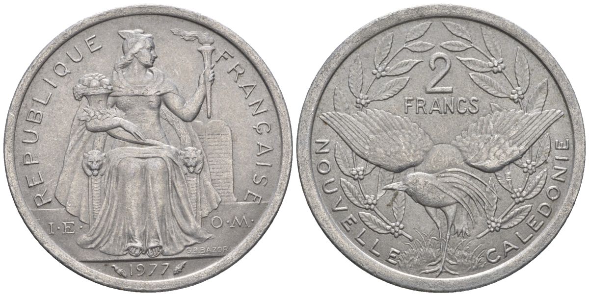 Французская Новая Каледония 2 франка 1977 птица кагу, (IEOM) KM 14, Schoen 11, Lec 58 алюминий    27-445