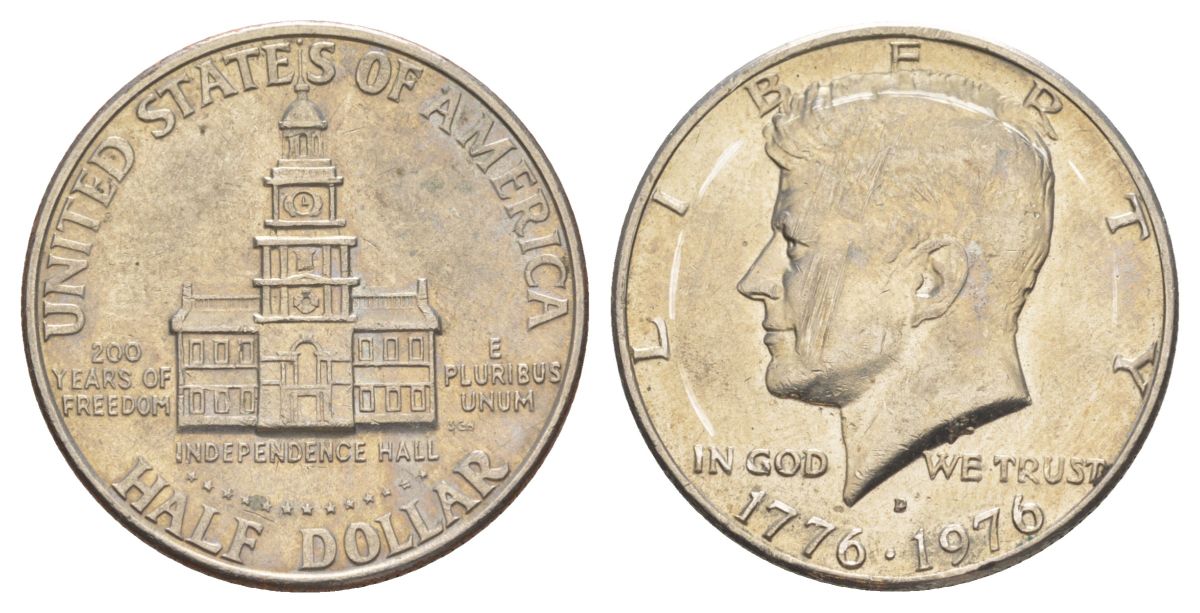 США 1/2 доллара (50 центов) 1976 D, 200 лет независимости, Джон Кеннеди KM 205 медь плакированная медно-никелем aUNC 4545-932