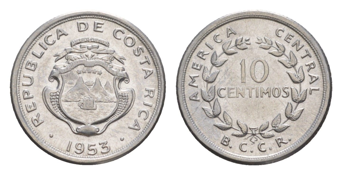 Коста-Рика 10 сентимо 1953 KM 185.1a нержавеющая сталь UNC 4644-334