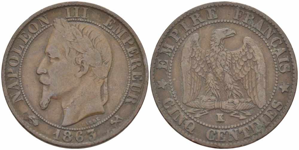 ФРАНЦИЯ 5 САНТИМОВ 1863 K, НАПОЛЕОН III (1852-1870) KM 797.3, LE FRANC 117.10 бронза 108-542