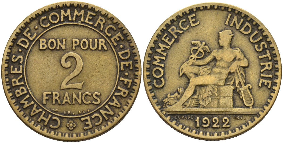 Франция 2 франка 1922 Третья республика (1871-1940) KM 877, Le Franc 267.7 алюминиевая бронза 4144-245