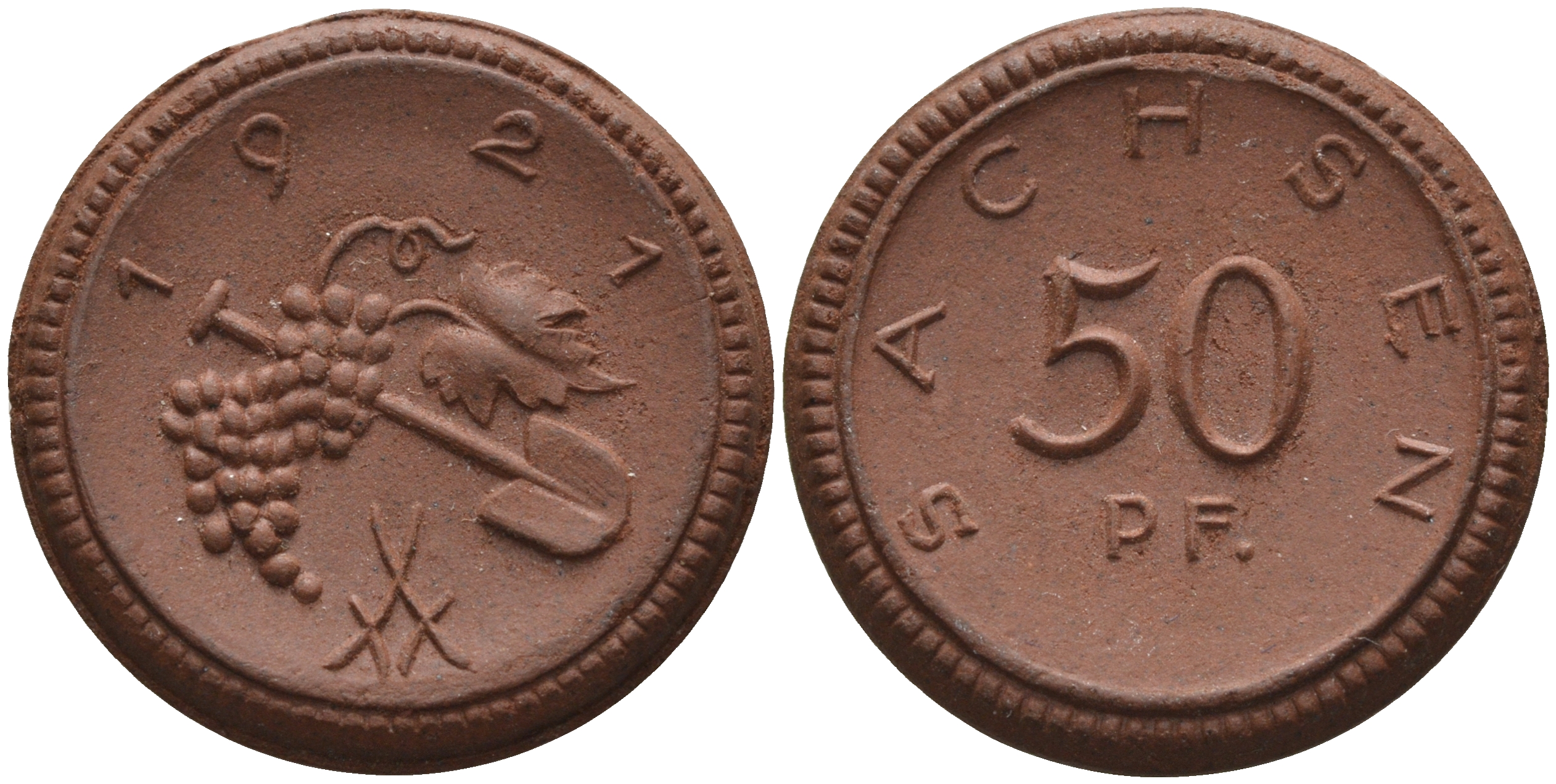 Саксония 50 пфеннигов 1921 виноград и лопата J. N 54 фарфор 1094-4-63