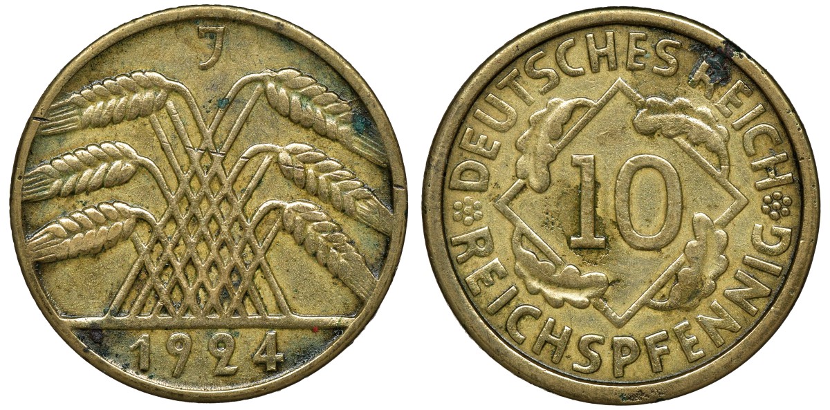 Германия 10 рейхспфеннигов 1924 J KM 40, J. 317, Weege 9 алюминиевая бронза 72-1543
