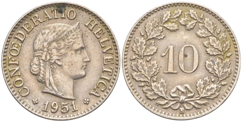 ШВЕЙЦАРИЯ 10 РАППЕНОВ 1951 В KM 27 медно-никель 55-232