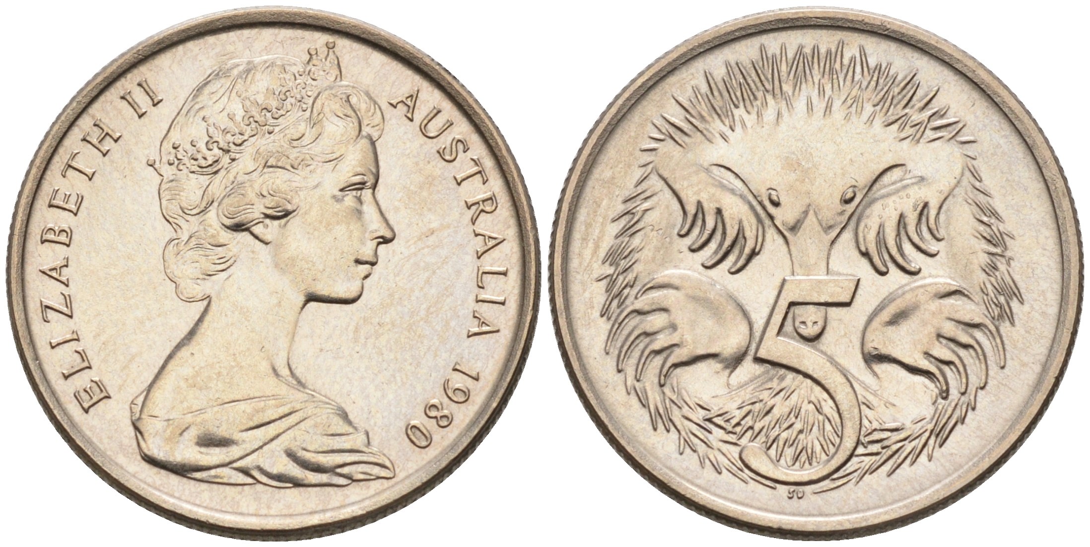 АВСТРАЛИЯ 5 ЦЕНТОВ 1980 ЕЛИЗАВЕТА II, МОЛОДОЙ ПОРТРЕТ, ЕХИДНА KM 64 медно-никель UNC 4564-1159