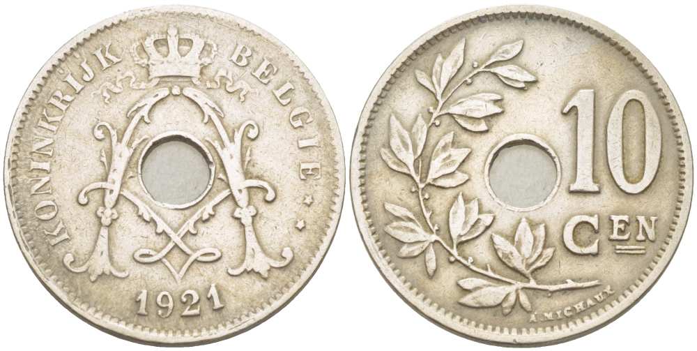 БЕЛЬГИЯ 10 САНТИМОВ 1921 BELGIE KM 86 медно-никель 210-1051