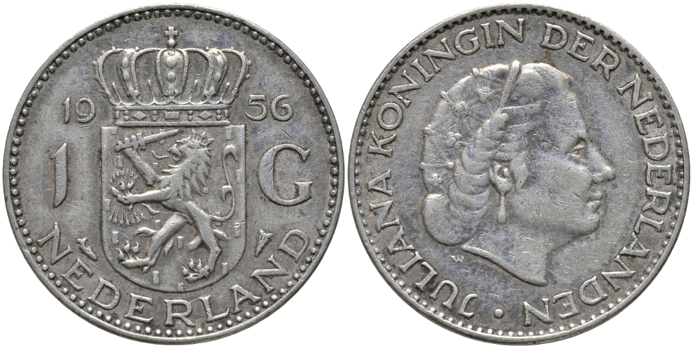 Нидерланды 1 гульден 1956 Юлиана (1948-1980) KM 184 серебро 413-3642