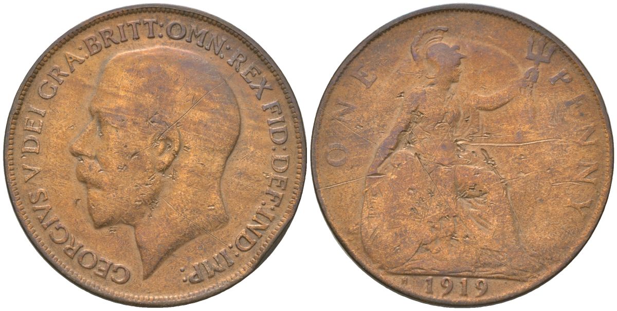 Великобритания 1 пенни 1919 H, Георг V (1910-1936) KM 810, Spink 4052 бронза    69-512