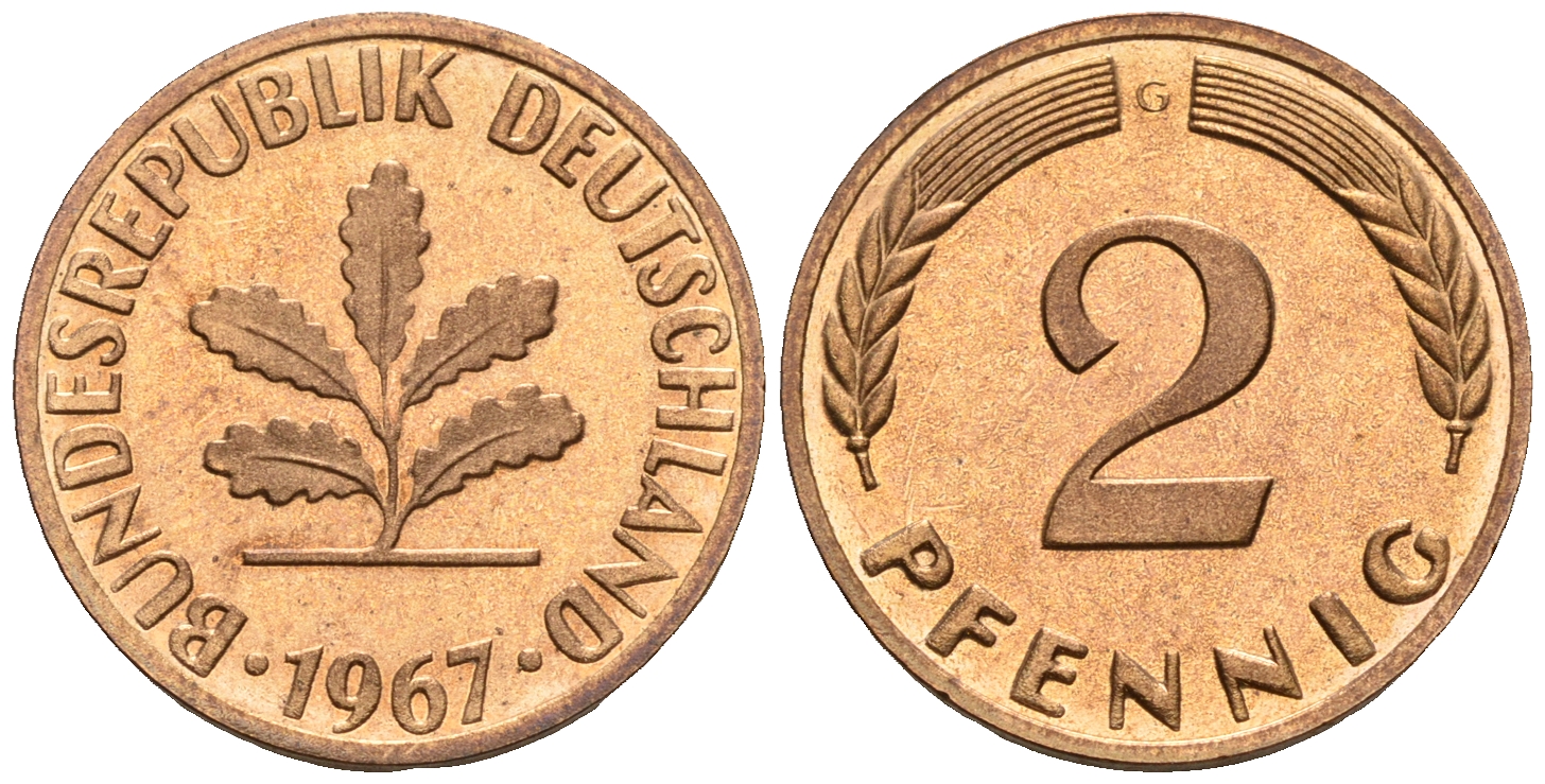 ФРГ 2 пфеннига 1967 G KM106, J.381 бронза PROOF 00-00
