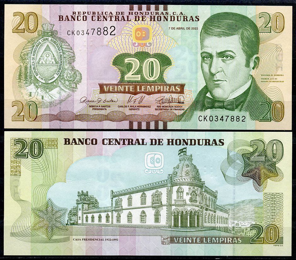 Гондурас 20 лемпира 2022 Хосе Тринидад Кабаньяс, университет Тегусигальпа Pick 100 e  бумага  UNC (пресс) 449-68-3