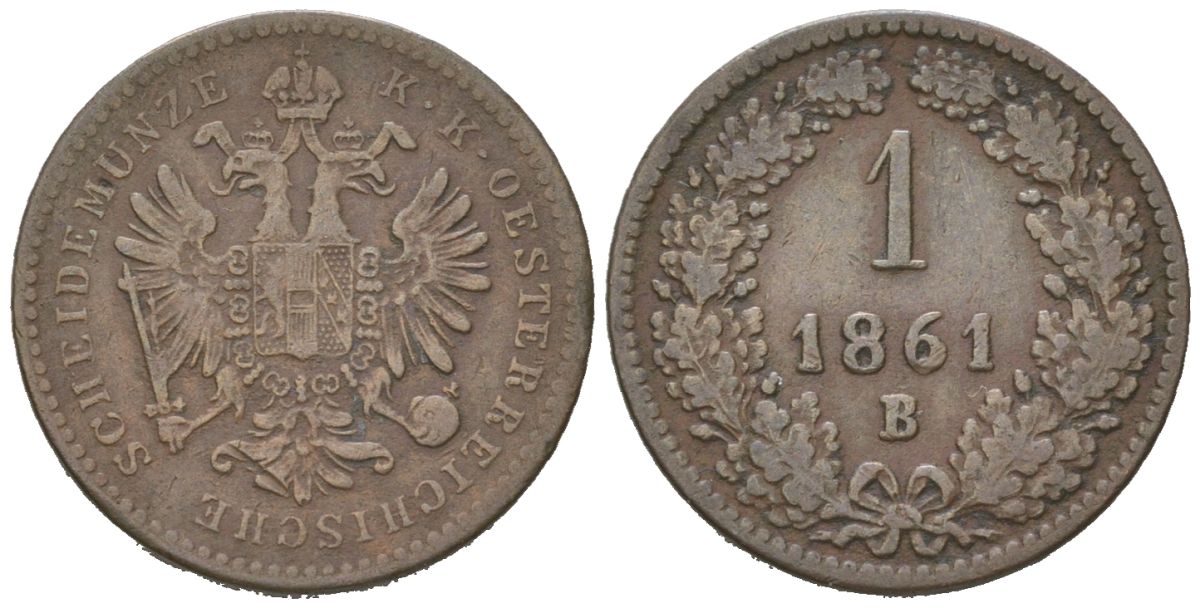 Австрия 1 крейцер 1861 B, Франц Иосиф I (1848-1916) KM 2186 медь 4617-946