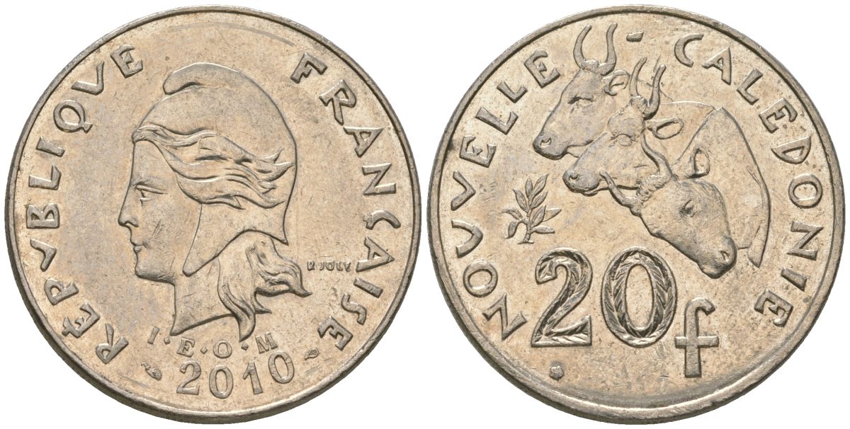 Французская Новая Каледония 20 франков 2010 три быка, (IEOM) KM 12a, Schoen 14a медно-никель 4137-423
