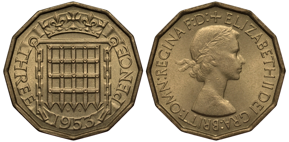 Великобритания 3 пенса 1953 Елизавета II (1952-2022) KM 886, Spink 4152 никель латунь UNC 1522-535