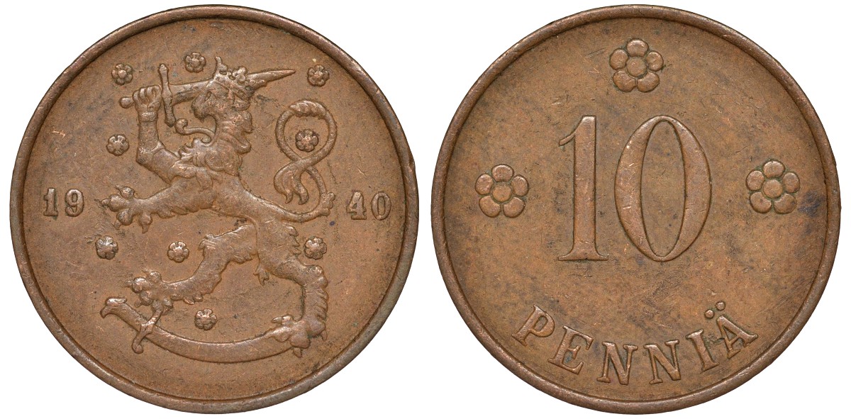 Финляндия 10 пенни 1940 KM 24 медь 51-3221