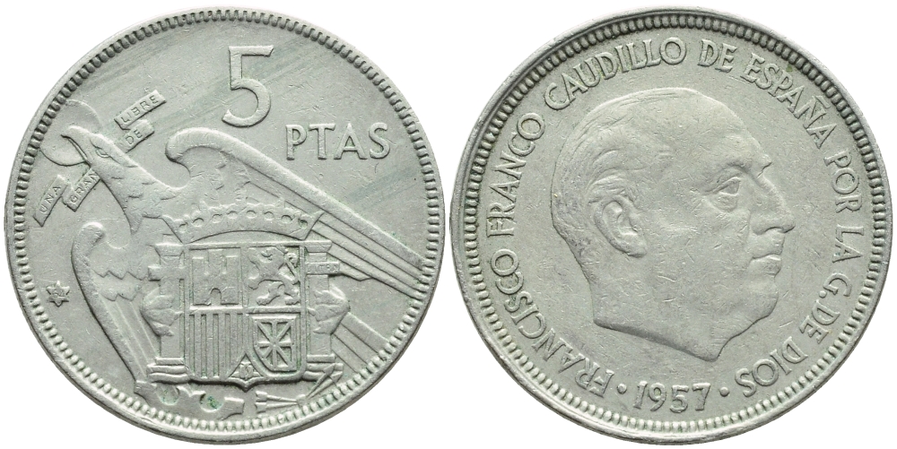 ИСПАНИЯ 5 ПЕСЕТ 1957 (64) ФРАНСИСКО ФРАНКО ДИКТАТОР ИСПАНИИ (1939-1975) KM 786 медно-никель 4395-356
