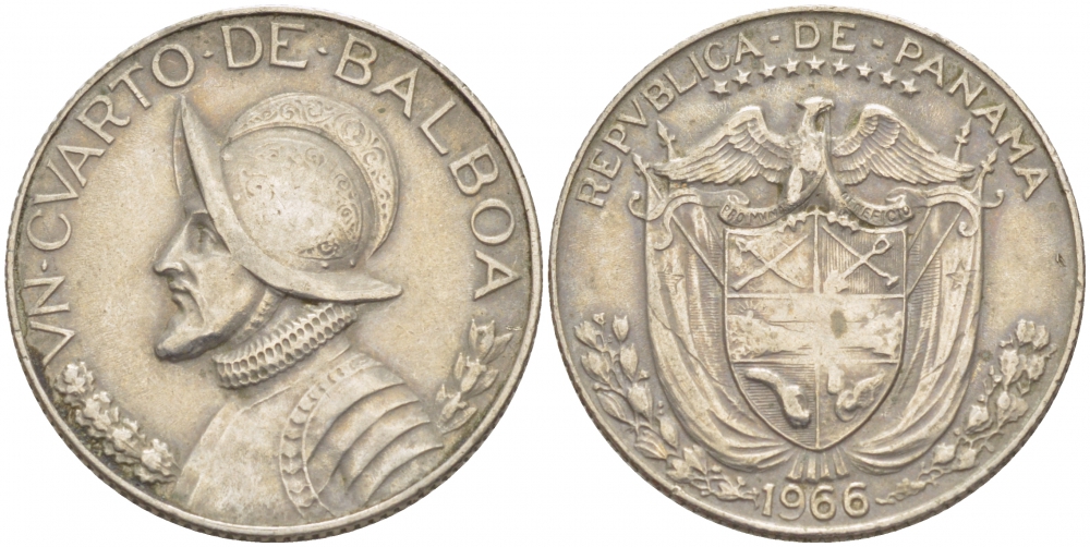 Панама 1/4 бальбоа 1966 Васко Нуньес де Бальбоа KM 11a медь плакированная медно-никелем 259-953