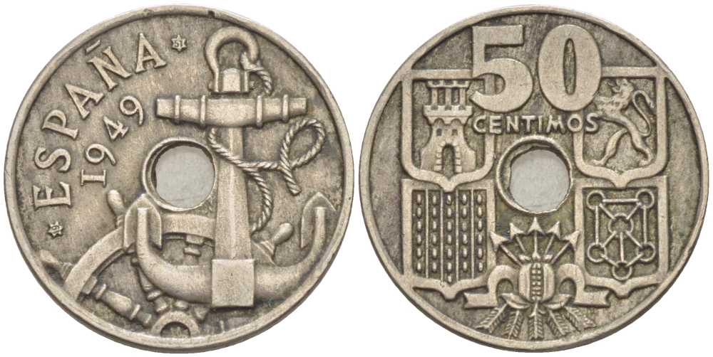 ИСПАНИЯ 50 СЕНТИМО 1949 (51) ФРАНСИСКО ФРАНКО ДИКТАТОР ИСПАНИИ (1939-1975), МОРСКАЯ АТРИБУТИКА KM 777 медно-никель 213-122