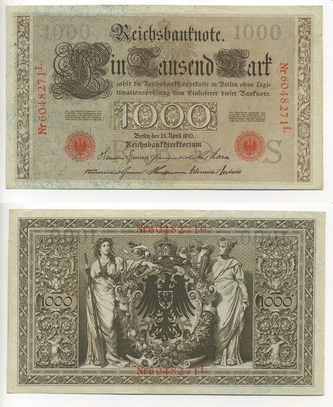 ГЕРМАНИЯ 1000 МАРОК 1910 КРАСНАЯ ПЕЧАТЬ, 7 ЦИФР В НОМЕРЕ Pick 44b бумага 7217-35-2