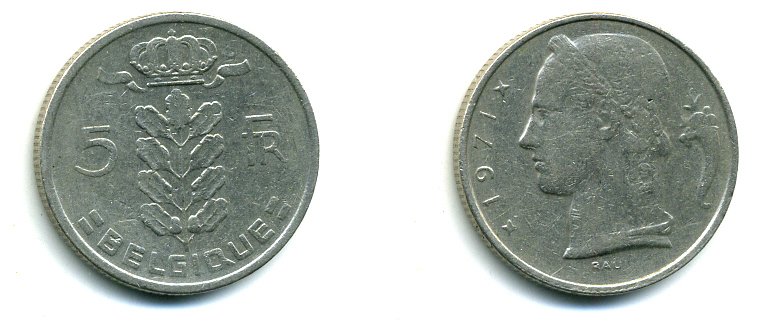 БЕЛЬГИЯ 5 ФРАНКОВ 1971 BELGIQUE KM 134.1 медно-никель 04-421