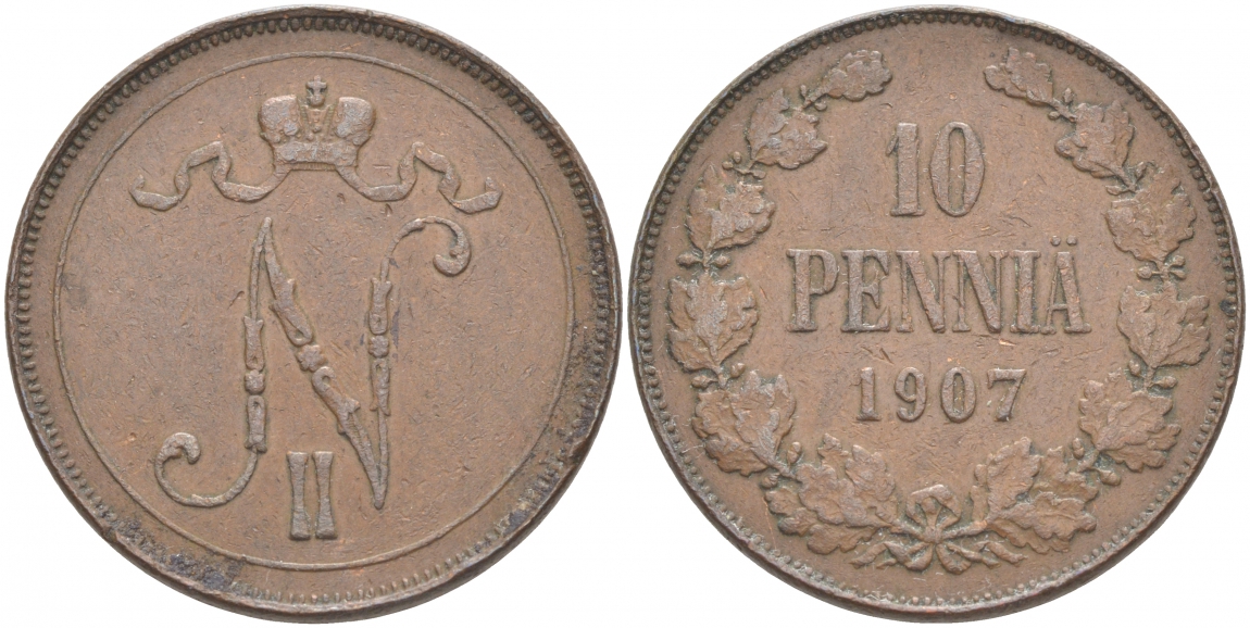 ФИНЛЯНДИЯ 10 ПЕННИ 1907 НИКОЛАЙ II KM 14 медь 69-216
