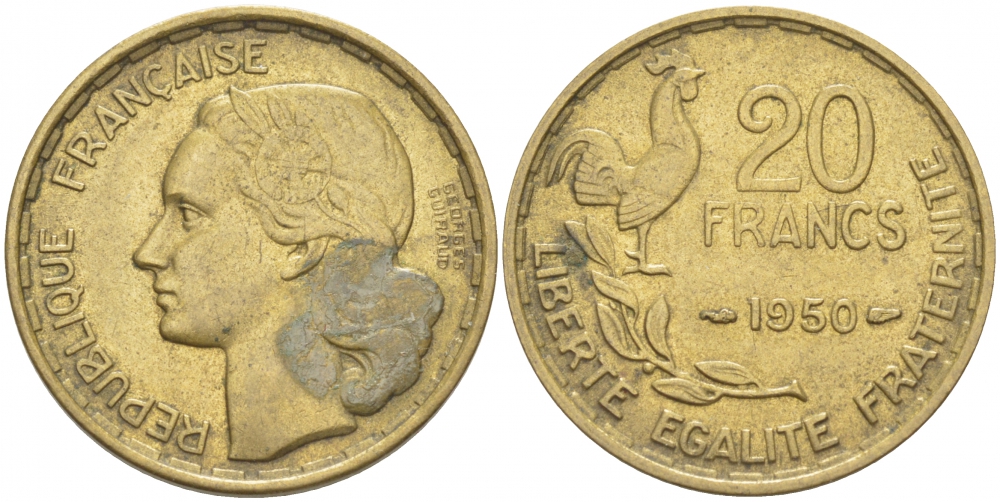 ФРАНЦИЯ 20 ФРАНКОВ 1950 ПОЛНАЯ ПОДПИСЬ, 3 ПЕРА KM 916.1 алюминиевая бронза 77-926
