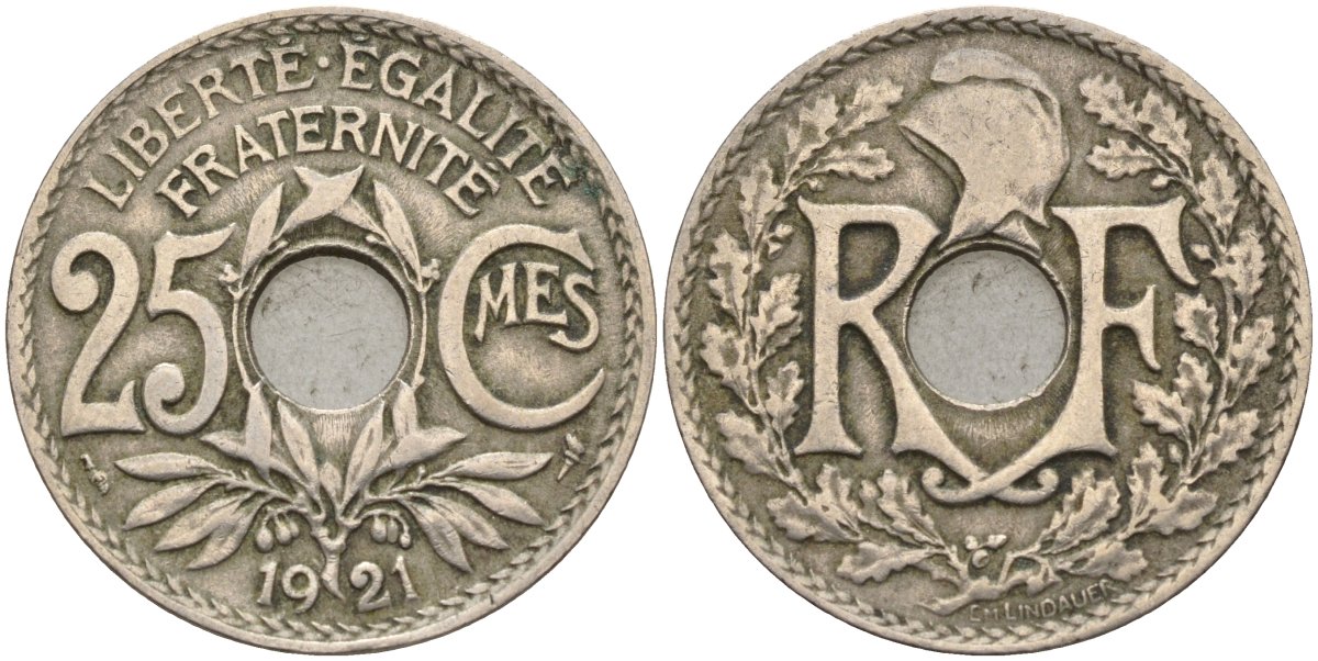 Франция 25 сантимов 1921 KM 867a, Le Franc 171.7 медно-никель 4143-414
