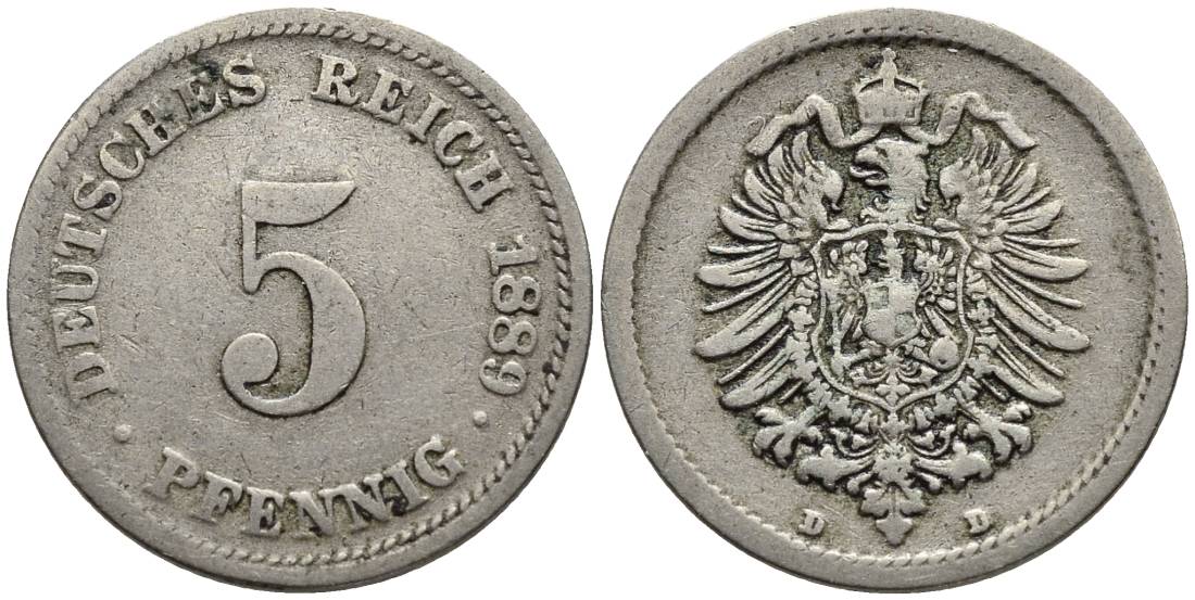 ГЕРМАНИЯ 5 ПФЕННИГОВ 1889 D, СТАРОГЕРБОВКА KM 3, Jager 3, Weege 5 медно-никель 4547-313