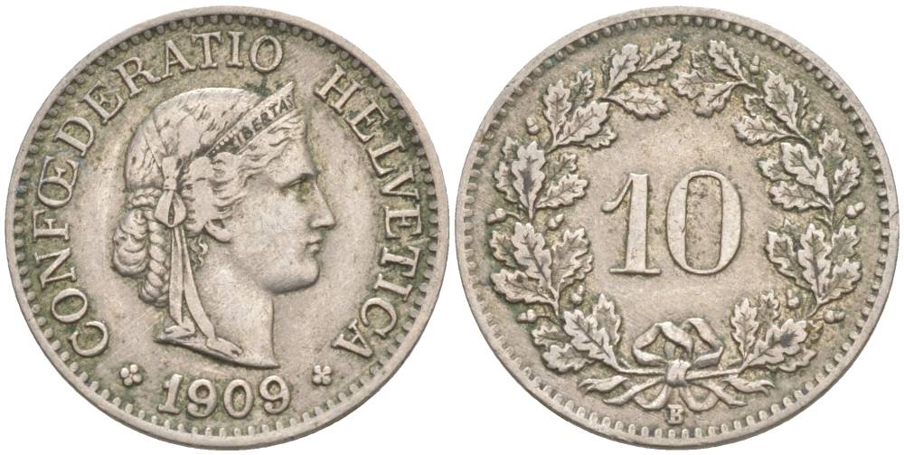 ШВЕЙЦАРИЯ 10 РАППЕНОВ 1909 В KM 27 медно-никель 96-1136