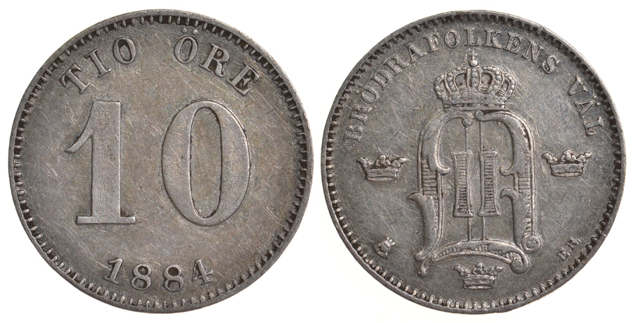 Швеция 10 эре 1884 Оскар II (1872-1907) король Швеции и Норвегии KM 755 серебро 4179-521
