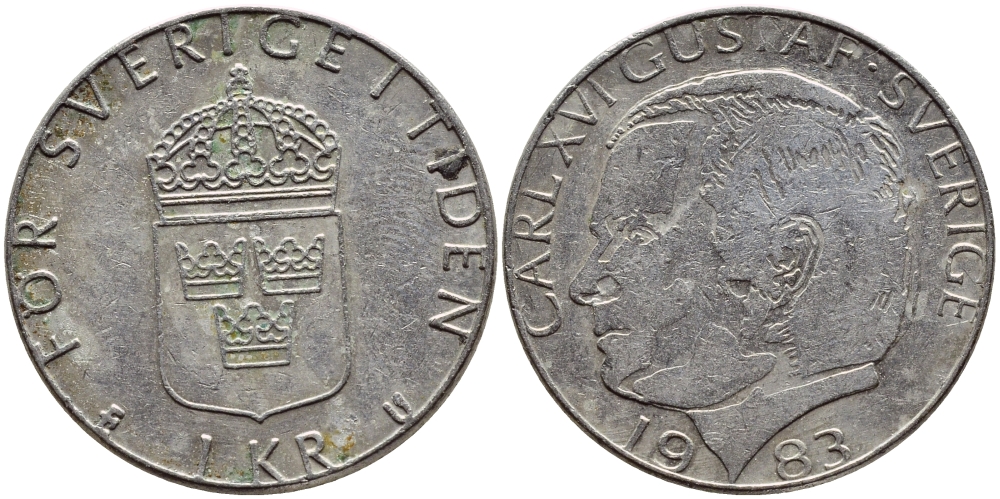 Швеция 1 крона 1983 Карл XVI Густав (1973- ) KM 852a медно-никель 4397-1114