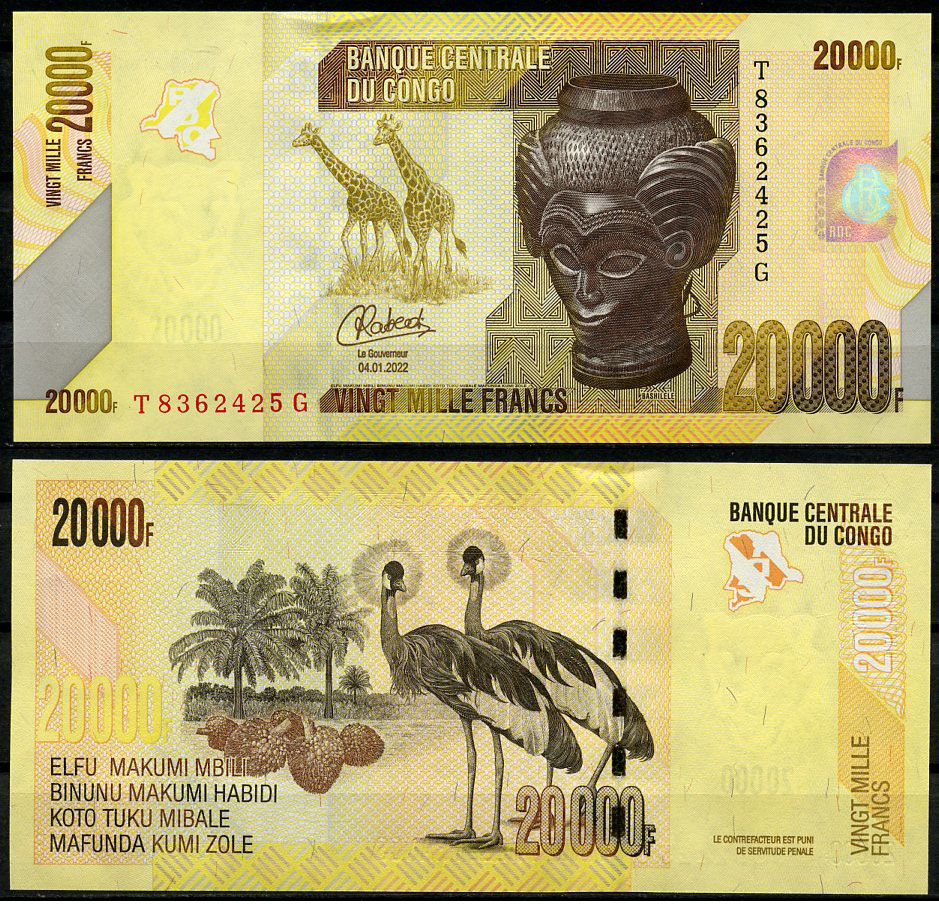 ДР Конго 20000 франков 2022 резная голова "Башилеле", жирафы, страусы Pick 104 d  бумага  UNC (пресс) 451-157-1