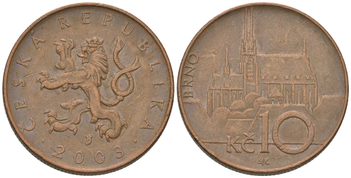 Чехия 10 крон 2003 b’, кафедральный собор в Брно KM 4 сталь плакированная медью 4592-927