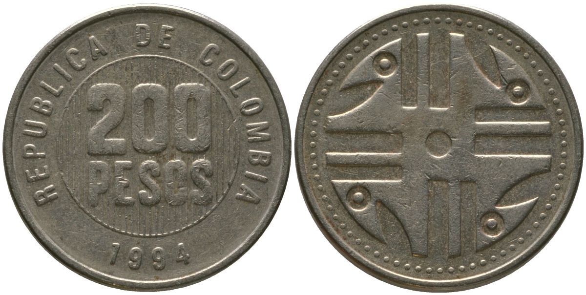 Колумбия 200 песо 1994 KM 287.1, Schon 113, Restrepo 446 никель латунь 4538-316