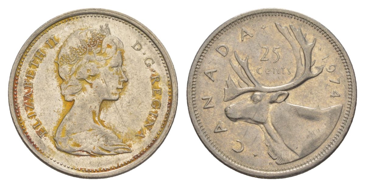 Канада 25 центов 1974 Елизавета II (1952-2022), олень KM 62b никель 4631-617