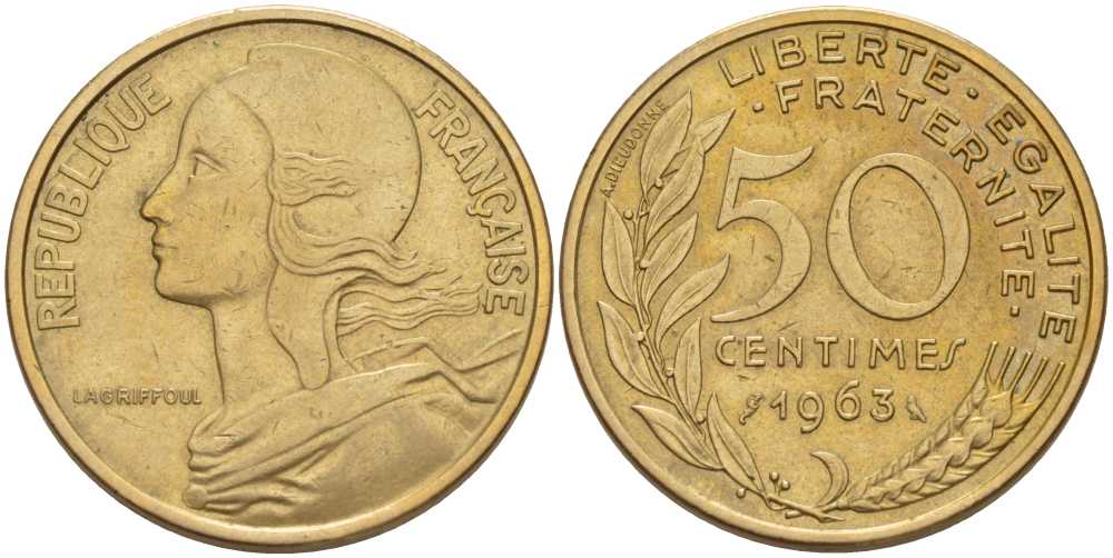 ФРАНЦИЯ 50 САНТИМОВ 1963 ТИП MARIANNE, 4 СКЛАДКИ KM 939.2, LE FRANC 197.5 алюминиевая бронза 117-911