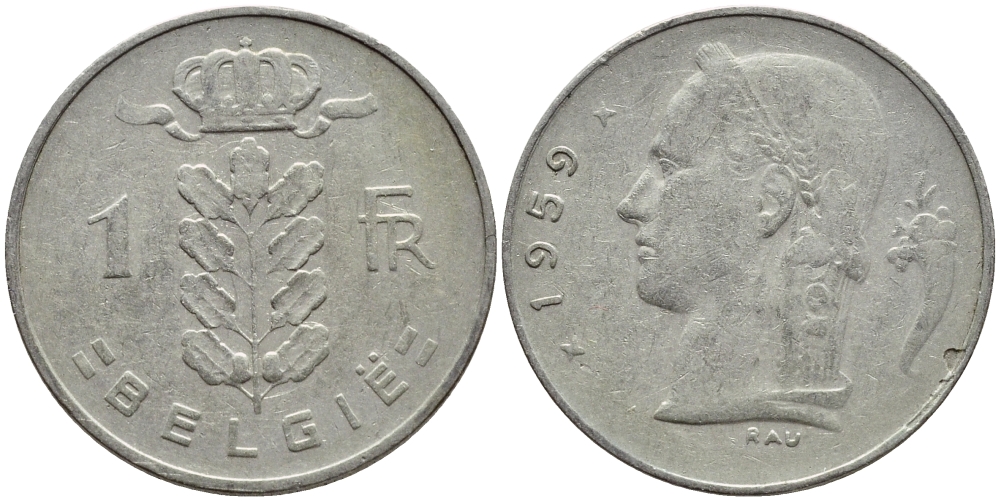 БЕЛЬГИЯ 1 ФРАНК 1959 BELGIE KM 143.1 медно-никель 4395-452