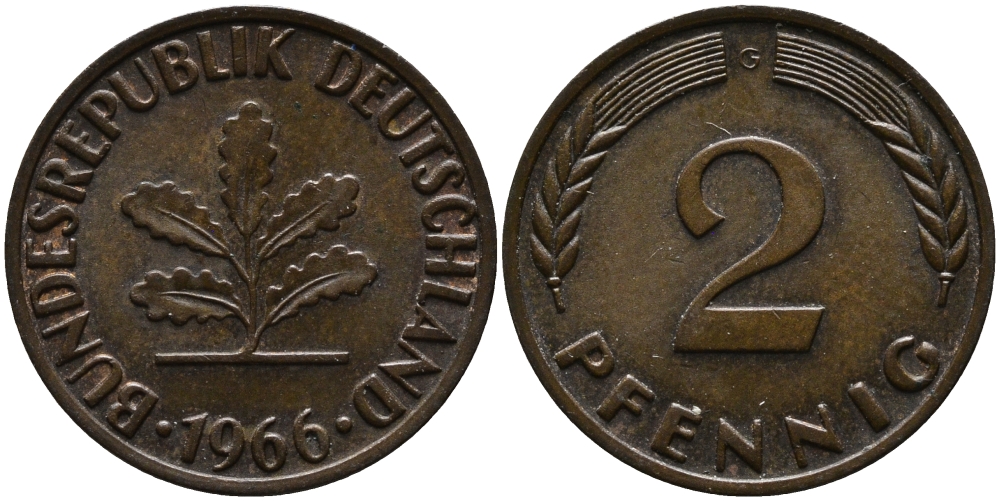 ФРГ 2 пфеннига 1966 G KM 106, J.381 бронза 99-146