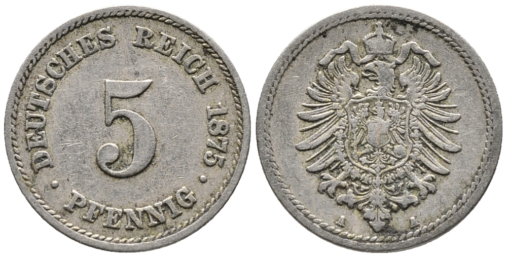 ГЕРМАНИЯ 5 ПФЕННИГОВ 1875 A, СТАРОГЕРБОВКА KM 3, J. 3 медно-никель 39-363