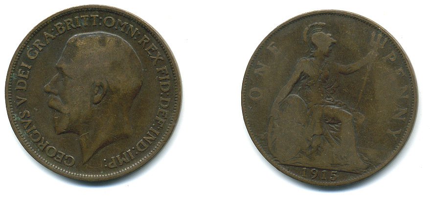 Великобритания 1 пенни 1915 Георг V (1910-1936) KM 810, Spink 4051 бронза 4110-126