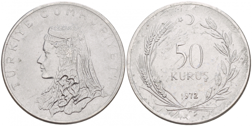 Турция 50 курушей 1972 Анатолийская невеста KM 899 нержавеющая сталь 4548-245