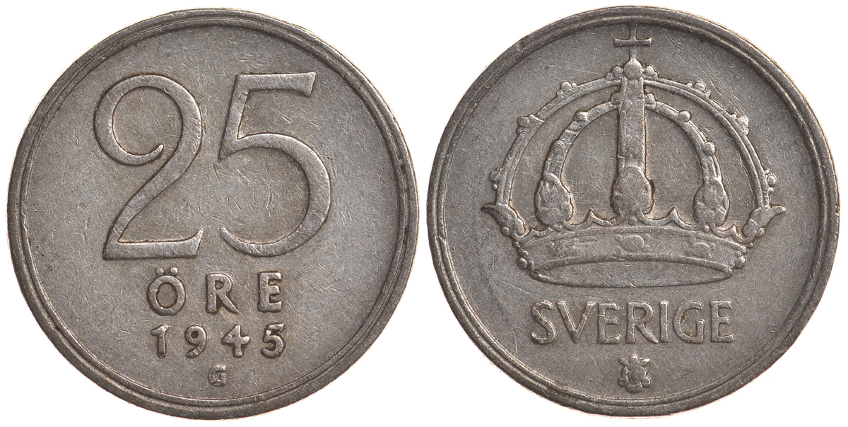 Швеция 25 эре 1945 G, Густав V (1907-1950) KM 816 серебро 4179-859