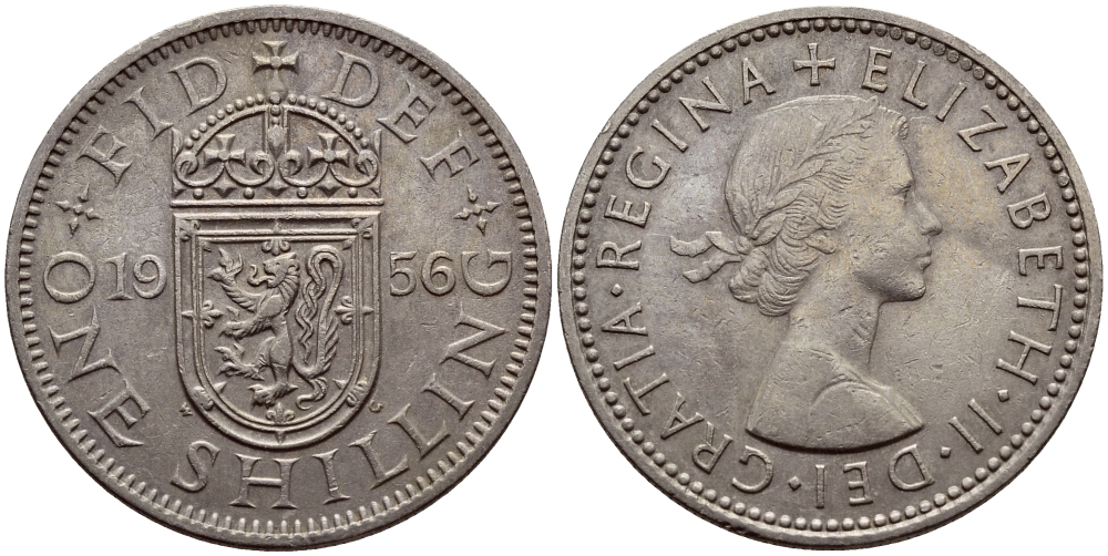 Великобритания 1 шиллинг 1956 Елизавета II (1952-2022), Шотландский герб KM 905, Spink 4148 медно-никель 83-455